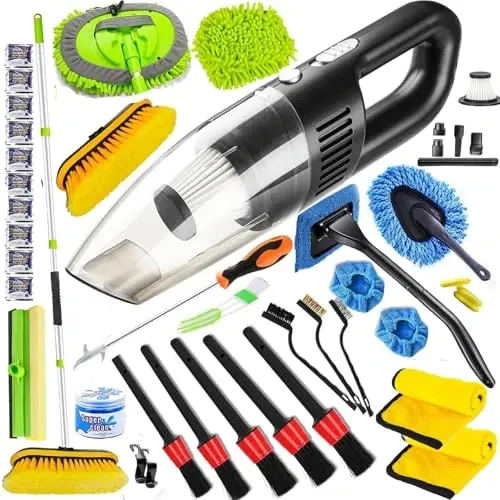 51Pcs Car Cleaning Kit,Handheld Vacuum with 8000Pa Suction, Car Interior Detailing Kit with Detailing Brush set, Car Detailing Kit, Cleaning Gel, Car Cleaning Supplies,Car Wash Brush With Long Handle 