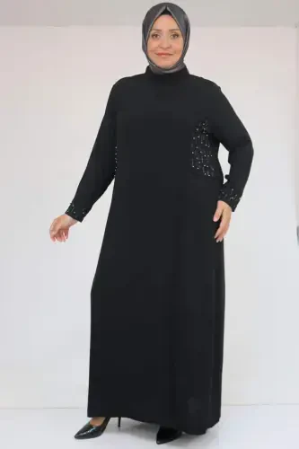 52013 Katta hajmli tosh detalli krep ko'ylak - Qora - 1