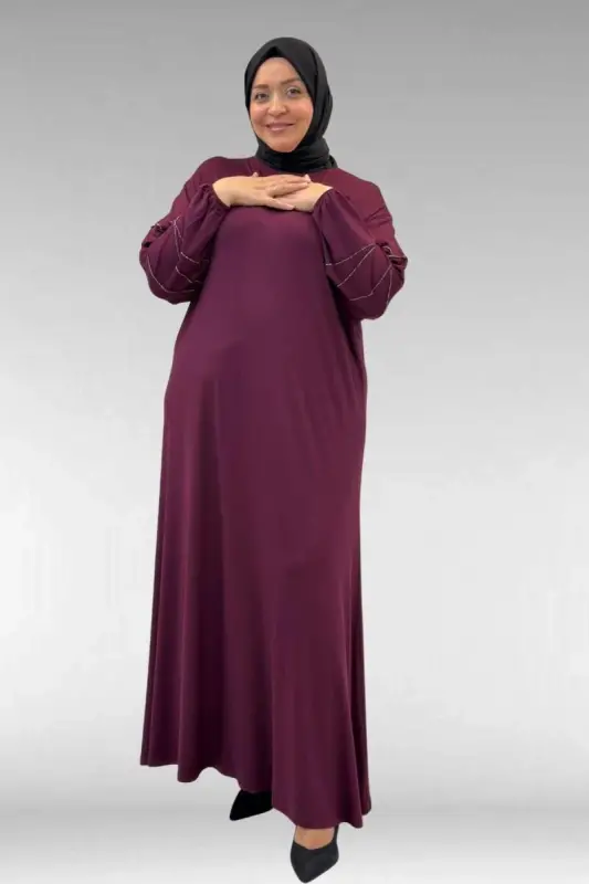 52021 Büyük Beden Çimalı Taş Detaylı Penye Elbise - Bordo - 2