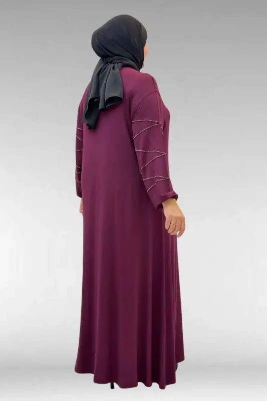 52021 Büyük Beden Çimalı Taş Detaylı Penye Elbise - Bordo - 3