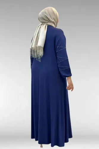 52021 Büyük Beden Çimalı Taş Detaylı Penye Elbise - İndigo - 3