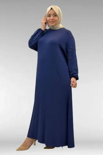 52021 Büyük Beden Çimalı Taş Detaylı Penye Elbise - İndigo - BÜYÜKBEDENIZ (1)