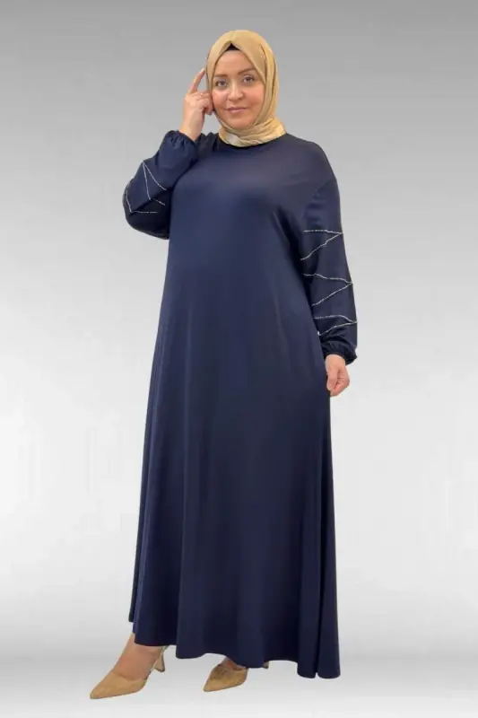 52021 Büyük Beden Çimalı Taş Detaylı Penye Elbise - Lacivert - BÜYÜKBEDENIZ