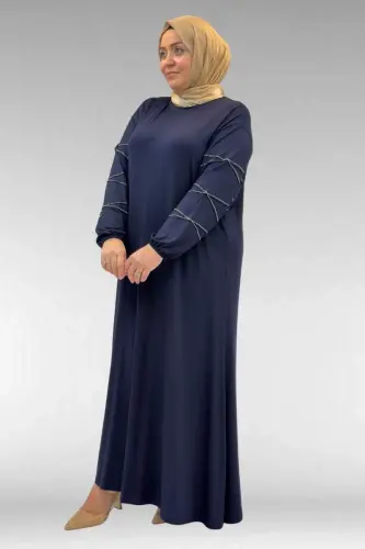 52021 Büyük Beden Çimalı Taş Detaylı Penye Elbise - Lacivert - BÜYÜKBEDENIZ (1)