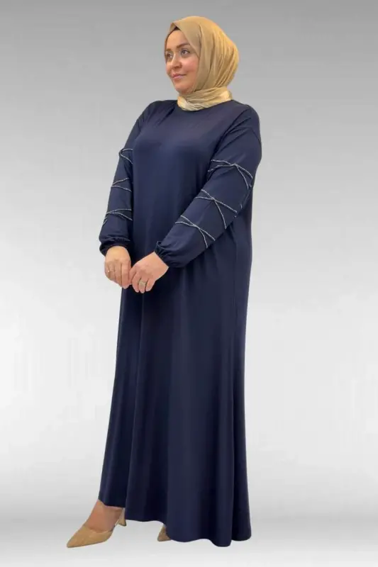 52021 Büyük Beden Çimalı Taş Detaylı Penye Elbise - Lacivert - 2