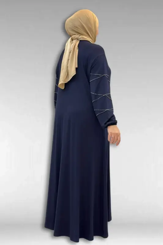 52021 Büyük Beden Çimalı Taş Detaylı Penye Elbise - Lacivert - 3