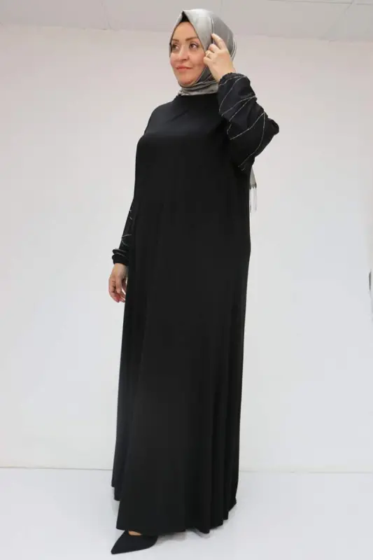 52021 Büyük Beden Çimalı Taş Detaylı Penye Elbise - Siyah - 2