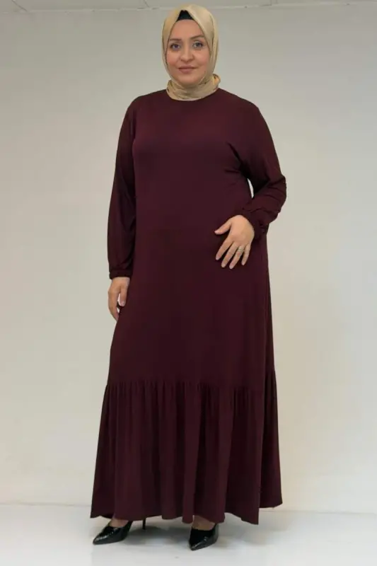 52034 Katta Hajmli Yubkali Frilly Trikotaj Ko'ylak - Bordo - 1