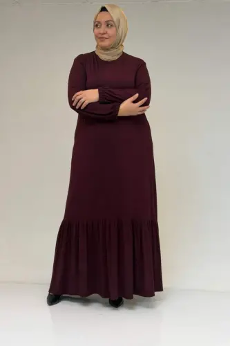 52034 Katta Hajmli Yubkali Frilly Trikotaj Ko'ylak - Bordo - 3