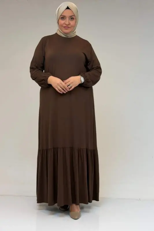 52034 Plus Size Ruffled Jersey Dress - Brown - BÜYÜKBEDENIZ