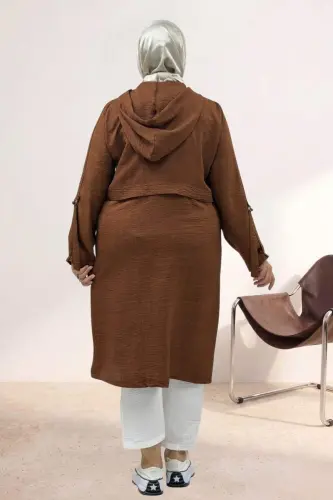 53006 Plus Size Snap Button Placket Detailed Coat - Brown - 3