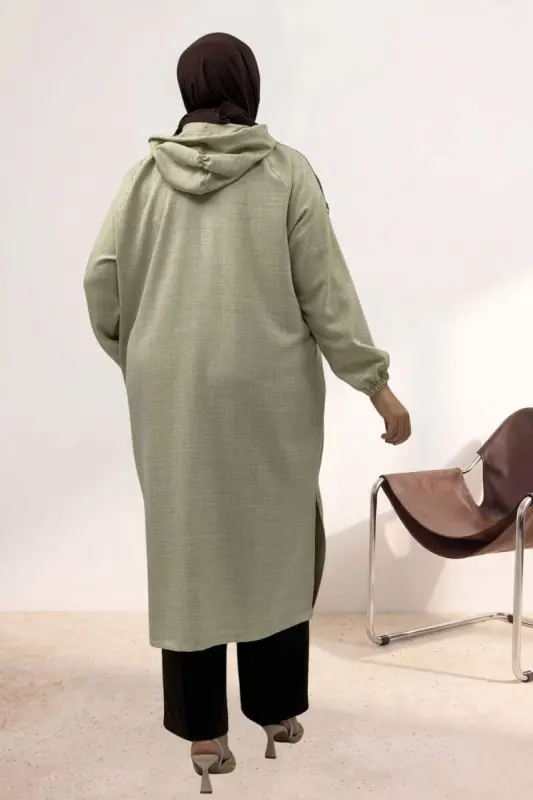 53010 Katta O'lchamli Fermuarli Reglan Yengli Melanj Zig'ir Palto - Tosh - 3
