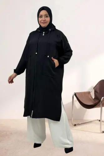 53010 Plus Size Zipped Raglan Sleeve Melange Linen Coat - Black - 1