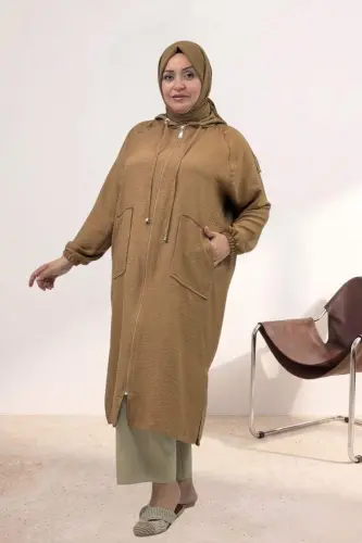 53010 Plus Size Zipped Raglan Sleeve Melange Linen Coat - Brown - 1