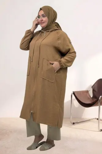 53010 Plus Size Zipped Raglan Sleeve Melange Linen Coat - Brown - BÜYÜKBEDENIZ (1)