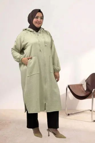 53010 Plus Size Zipped Raglan Sleeve Melange Linen Coat - Stone - 1