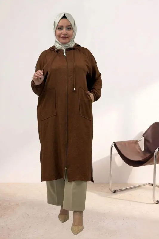 53010 Plus Size Zipped Raglan Sleeve Melange Linen Coat - Tan - 1