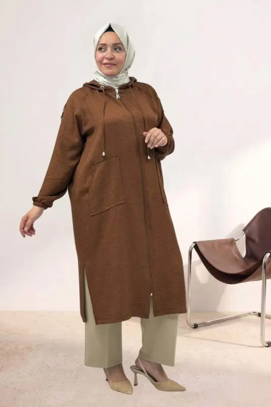 53010 Plus Size Zipped Raglan Sleeve Melange Linen Coat - Tan - 2