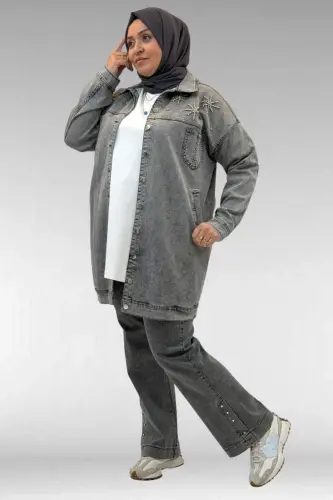 53022 Büyük Beden Yıldız İnci Çakma Detaylı Kot Ceket - Antrasit - 1