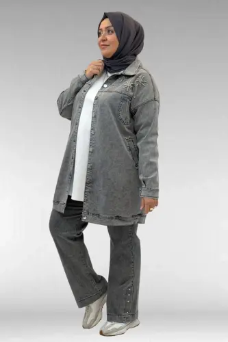 53022 Büyük Beden Yıldız İnci Çakma Detaylı Kot Ceket - Antrasit - 3
