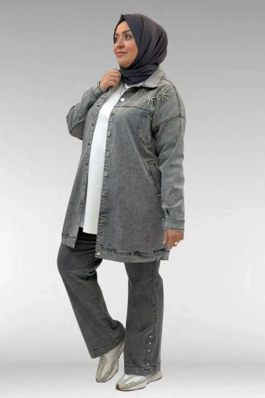 53022 Büyük Beden Yıldız İnci Çakma Detaylı Kot Ceket - Antrasit - 3