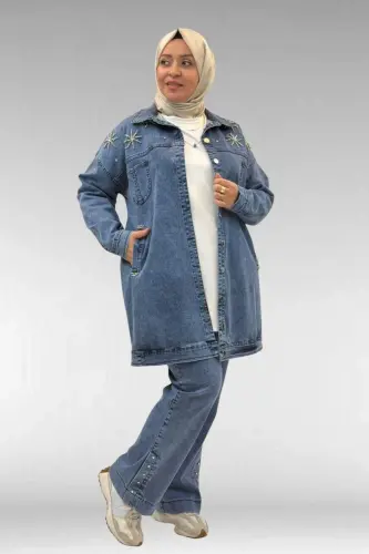 53022 Büyük Beden Yıldız İnci Çakma Detaylı Kot Ceket - Mavi - 1