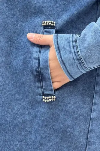 53022 Büyük Beden Yıldız İnci Çakma Detaylı Kot Ceket - Mavi - 3