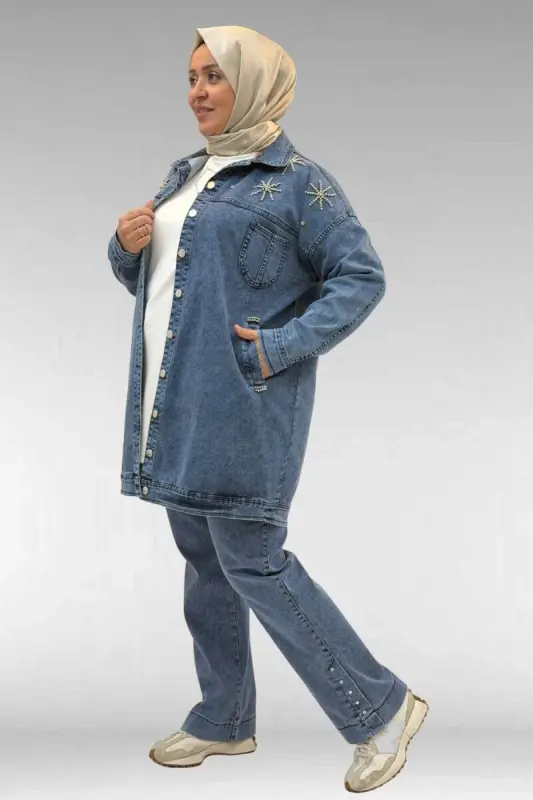 53022 Büyük Beden Yıldız İnci Çakma Detaylı Kot Ceket - Mavi - 4