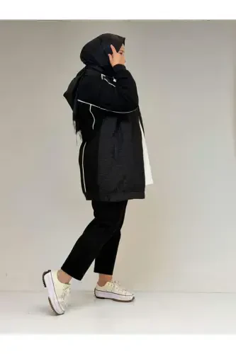 53029 Büyük Beden Biye Detaylı Kombinli Modal-Kapitone Ceket - Siyah-Siyah - 3