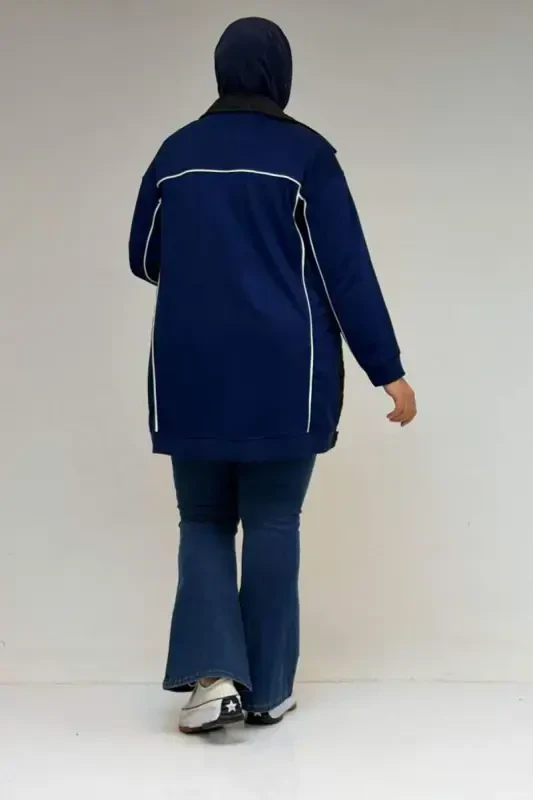 53029 Katta Hajmli Biye Detalli Kombinatsiyalangan Modal-Kapitone Kurtka - Qora-Indigo - 4