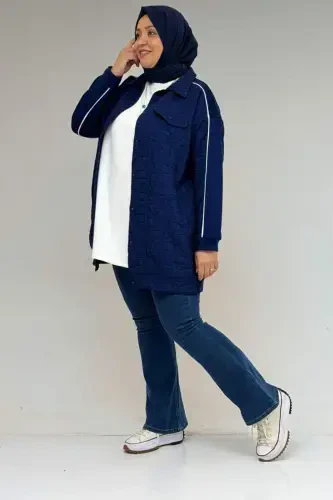 53029 Katta Hajmli Biye Tafsilotli Kombinatsiyalangan Modal-Kapitone Kurtka - Indigo-Indigo - 3