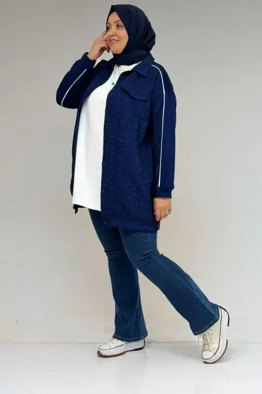 53029 Katta Hajmli Biye Tafsilotli Kombinatsiyalangan Modal-Kapitone Kurtka - Indigo-Indigo - 3