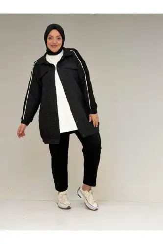 53029 Katta Hajmli Biye Tafsilotli Kombinatsiyalangan Modal-Kapitone Kurtka - Qora-Qora - 1