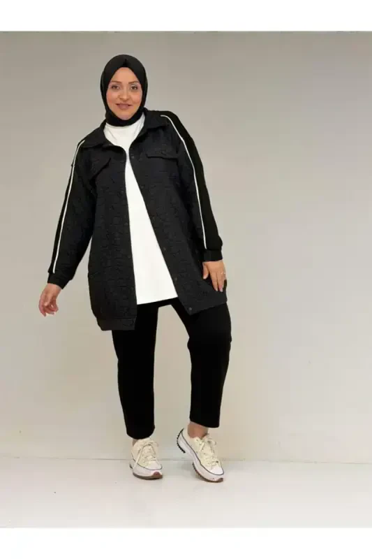 53029 Katta Hajmli Biye Tafsilotli Kombinatsiyalangan Modal-Kapitone Kurtka - Qora-Qora - 1