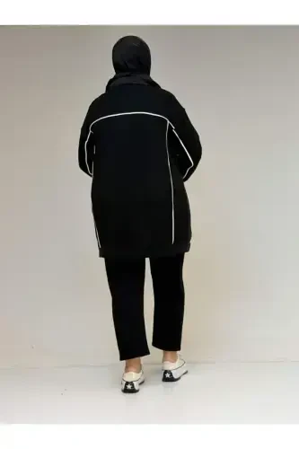 53029 Plus Size Bias Detailed Combined Modal-Quilted Jacket - Black-Black - 4