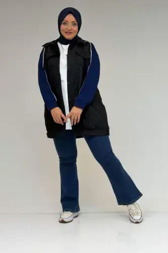 53029 Plus Size Bias Detailed Combined Modal-Quilted Jacket - Black-Indigo - 1