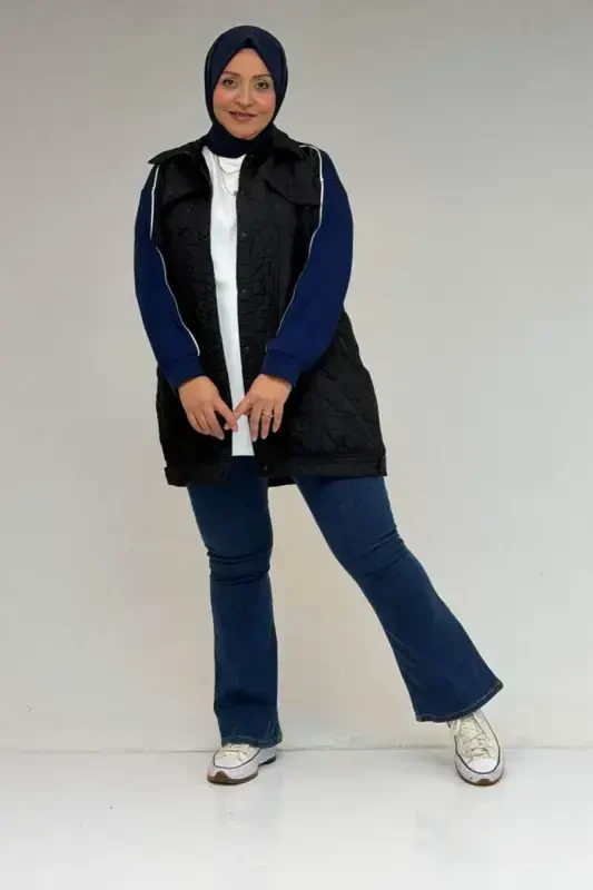 53029 Plus Size Bias Detailed Combined Modal-Quilted Jacket - Black-Indigo - 1