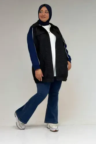 53029 Plus Size Bias Detailed Combined Modal-Quilted Jacket - Black-Indigo - 3