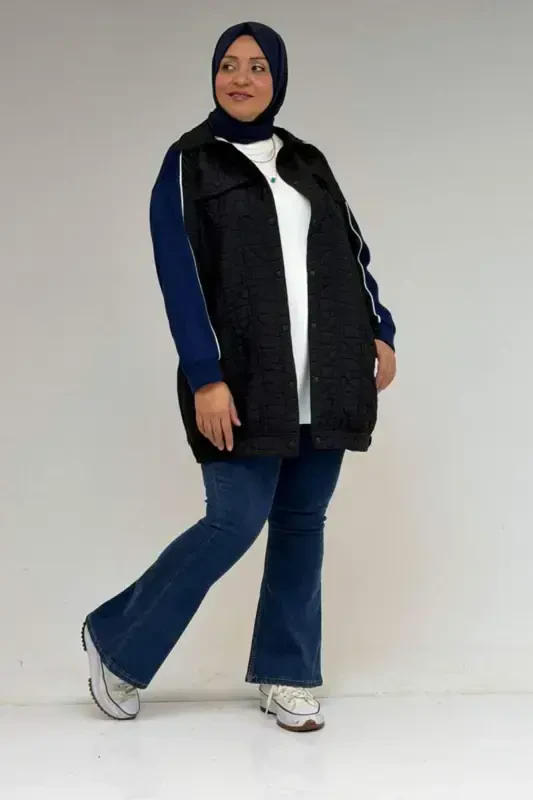 53029 Plus Size Bias Detailed Combined Modal-Quilted Jacket - Black-Indigo - 3