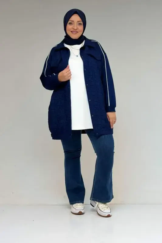 53029 Plus Size Bias Detailed Combined Modal-Quilted Jacket - Indigo-Indigo - BÜYÜKBEDENIZ