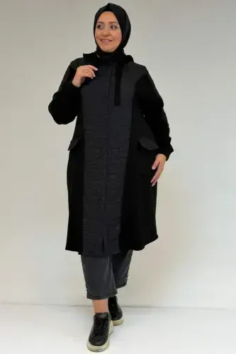 53030 Большой размер Капюшон с карманами Стеганый-Модал Колпак - Черный-Черный - 1