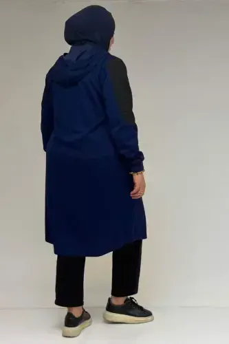 53030 Katta Hajmli Kapüşonli Cho'ntakli Kapitone-Modal Kap - Qora-Indigo - 3