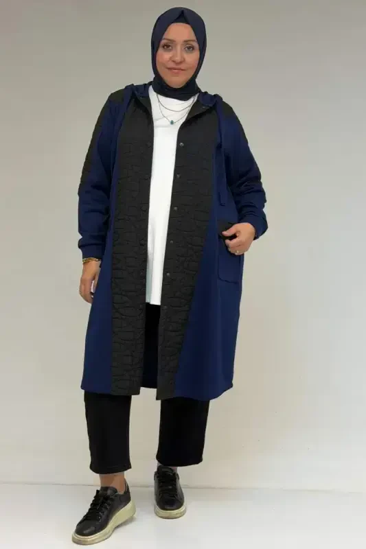 53030 Plus Size Hooded Pocketed Quilted-Modal Coat - Black-Indigo - 1