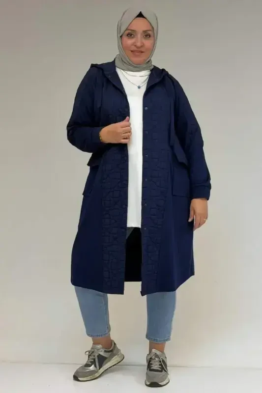 53030 Plus Size Hooded Pocketed Quilted-Modal Coat - Indigo-Indigo - BÜYÜKBEDENIZ