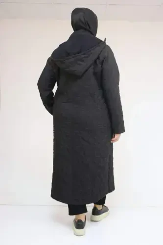 53038 Katta Hajmli Kapshonli Fermuarli Kapitone Trench Palto - Qora - BÜYÜKBEDENIZ (1)