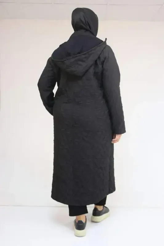 53038 Katta Hajmli Kapshonli Fermuarli Kapitone Trench Palto - Qora - 2