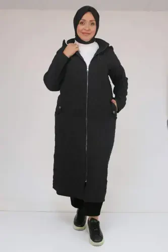 53038 Plus Size Hooded Zippered Quilted Trench Coat - Black - 1