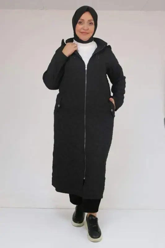 53038 Plus Size Hooded Zippered Quilted Trench Coat - Black - 1