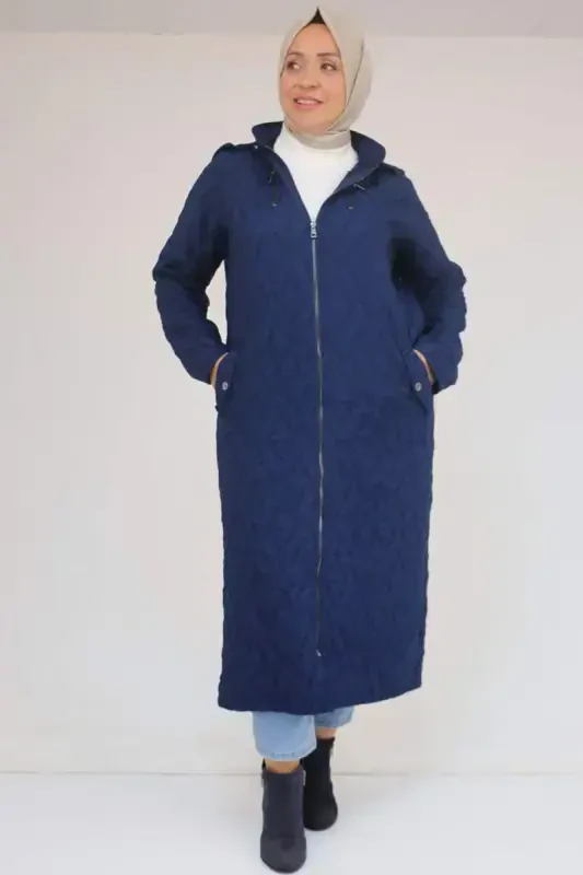 53038 Plus Size Hooded Zippered Quilted Trench Coat - Indigo - BÜYÜKBEDENIZ