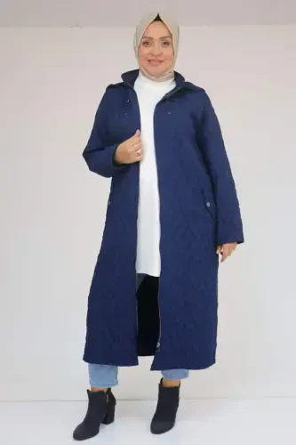53038 Plus Size Hooded Zippered Quilted Trench Coat - Indigo - BÜYÜKBEDENIZ (1)